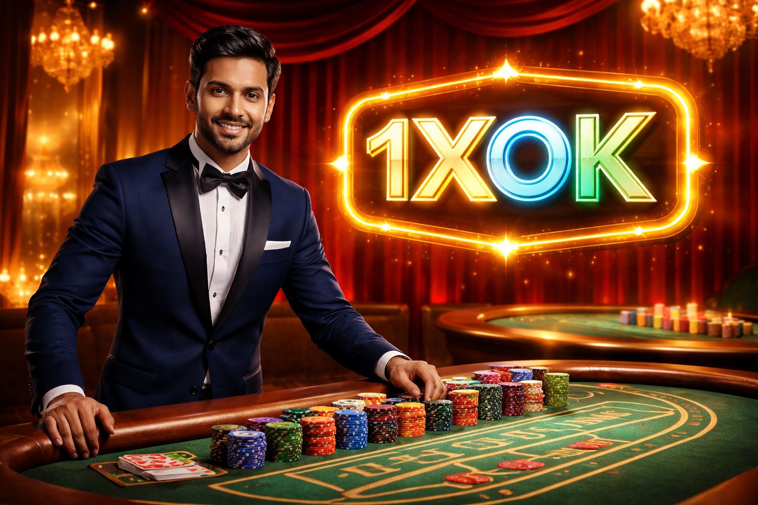 Elegant Bangladeshi gaming presenter displaying the vibrant table layout with colorful chips symbolizing trust and pulse-racing excitement at 1XOK lounge