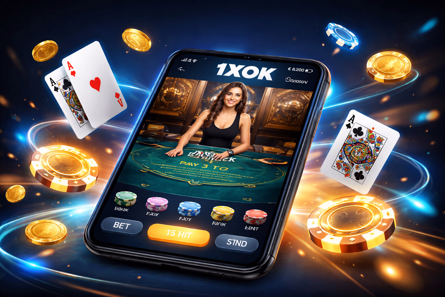 Satisfied Bangladeshi player using the 1XOK mobile app with floating cards and glowing coins around the device