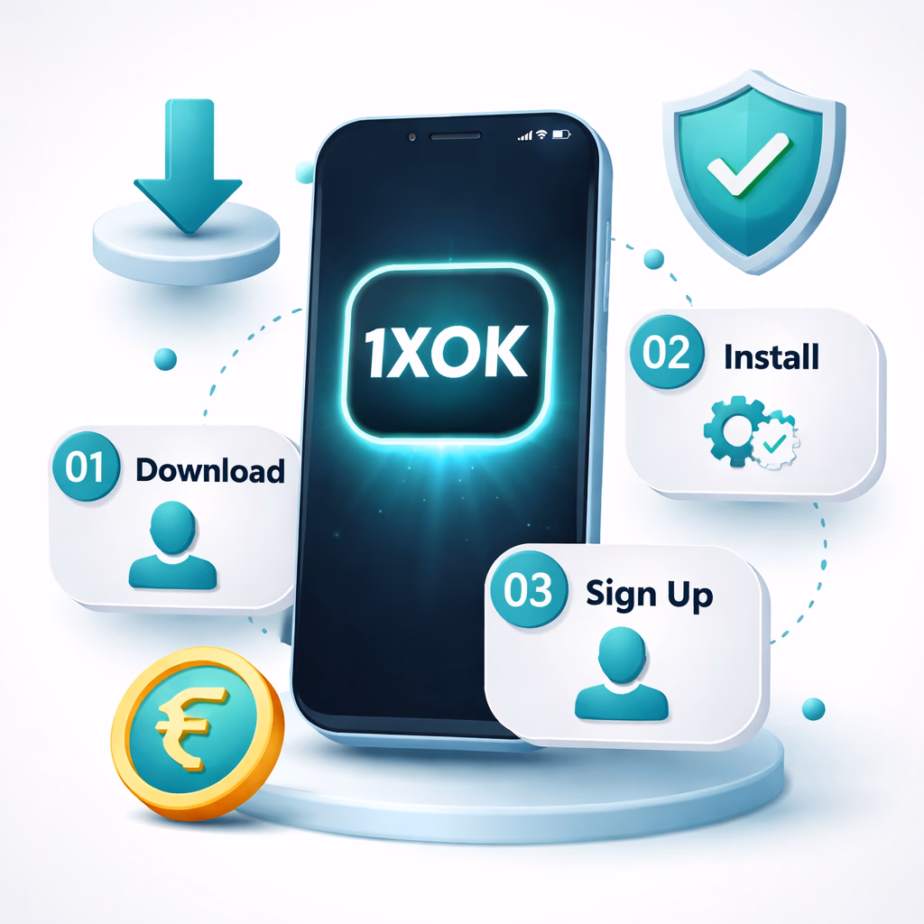 Cheerful Bangladeshi user holding a phone showing the 1XOK betting app inside a bright modern living room