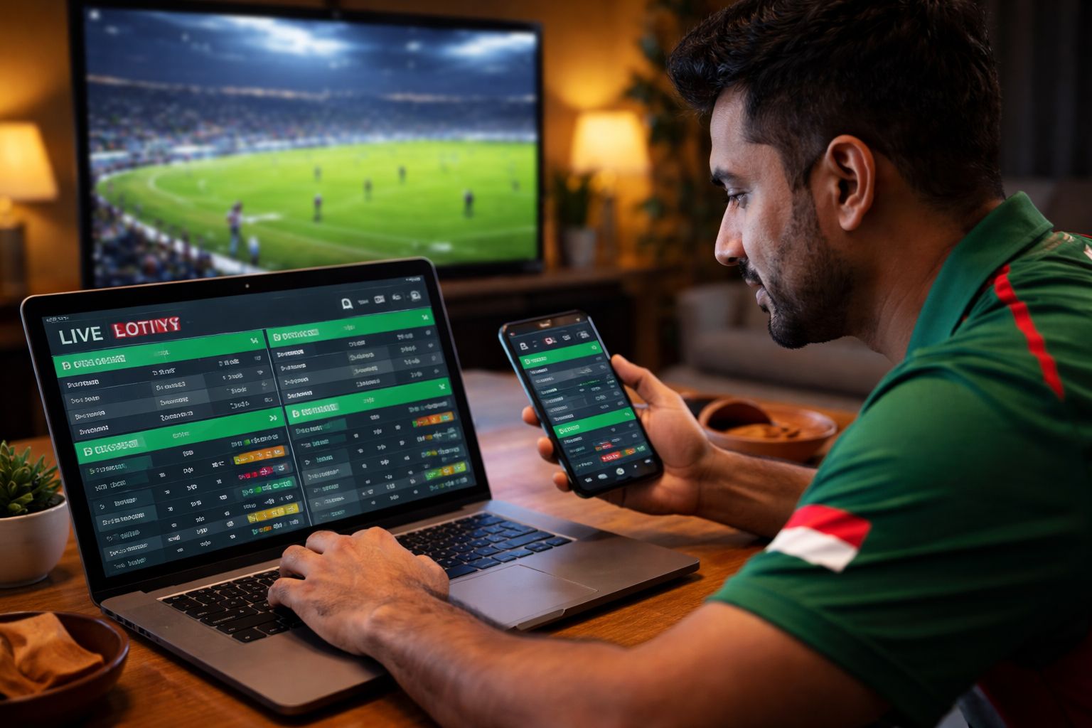Determined Bangladeshi punter reviewing live cricket wagering odds on a laptop through 1XOK while watching a match on TV in a comfortable home setting
