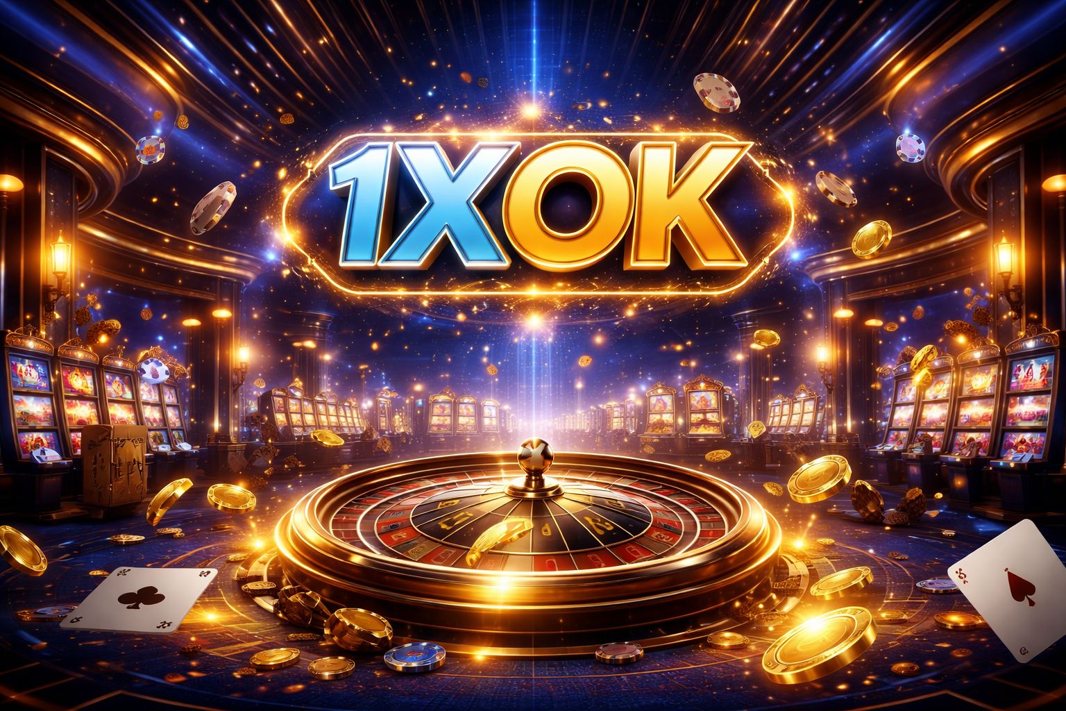 Glowing neon 1XOK sign above a virtual casino floor with spinning roulette wheel and cascading slot symbols in Bangladesh