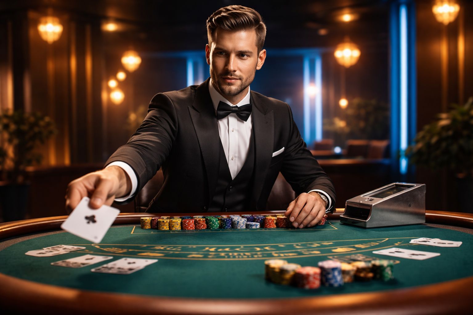 Elegant croupier in professional attire dealing cards at a polished blackjack table with cinematic overhead lighting in a modern 1XOK studio