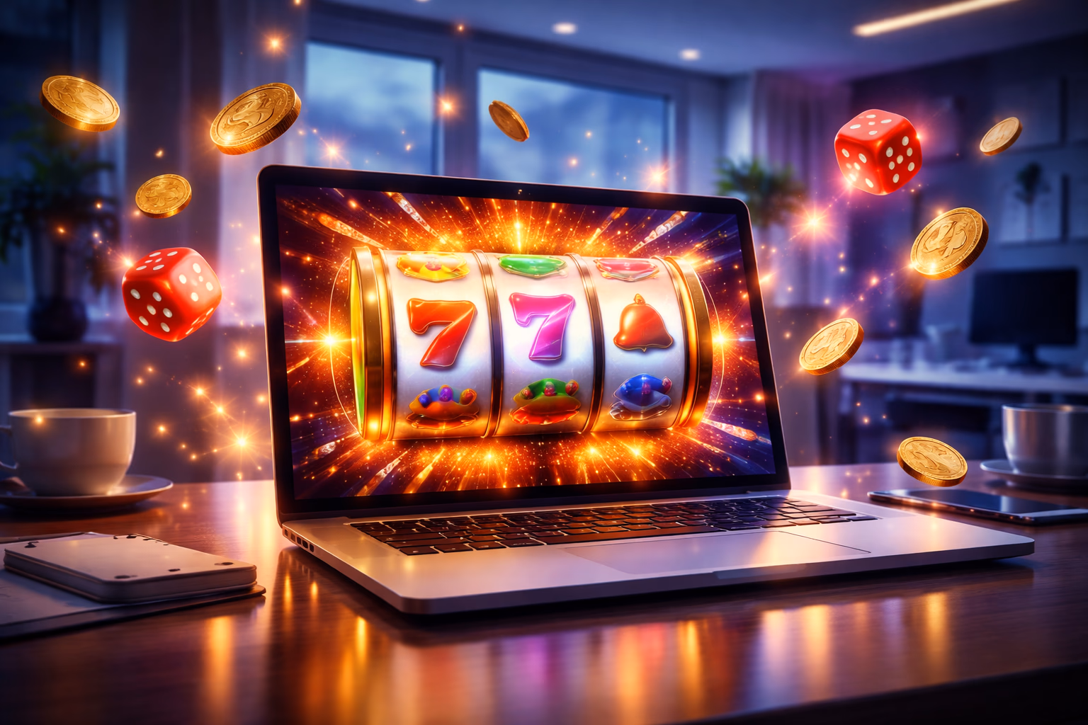 Sleek laptop displaying the 1XOK Aviator crash game with luminous betting counters and a dynamic multiplier curve on a modern gaming desktop