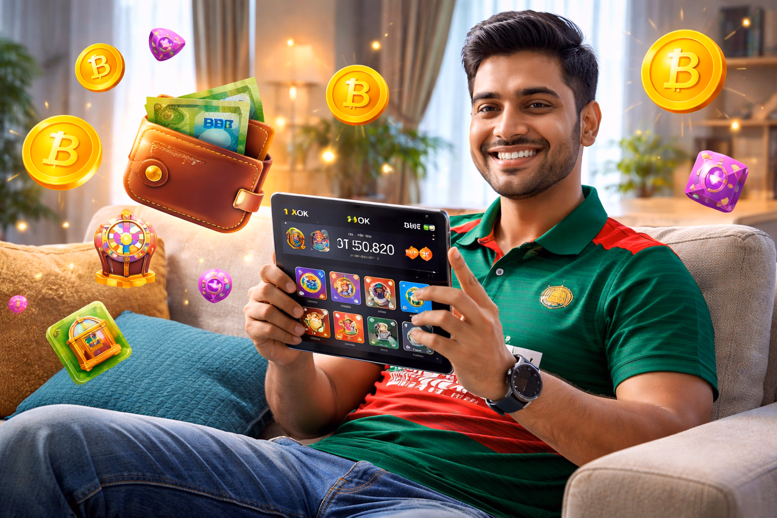 Elegant Bangladeshi lobby host greeting players near the 1XOK dashboard with glowing panels and floating tokens